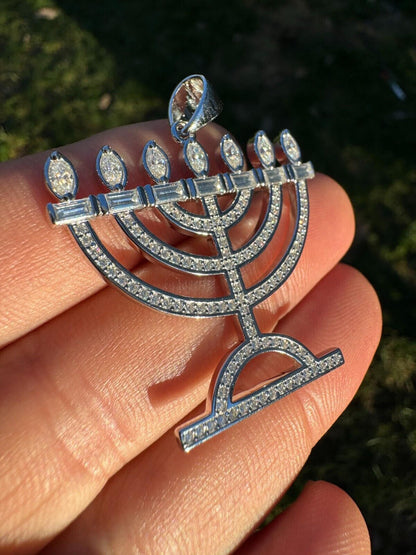 Real Moissanite Pendant Iced Jewish Menorah Hebrew Israelite Necklace 925 Silver