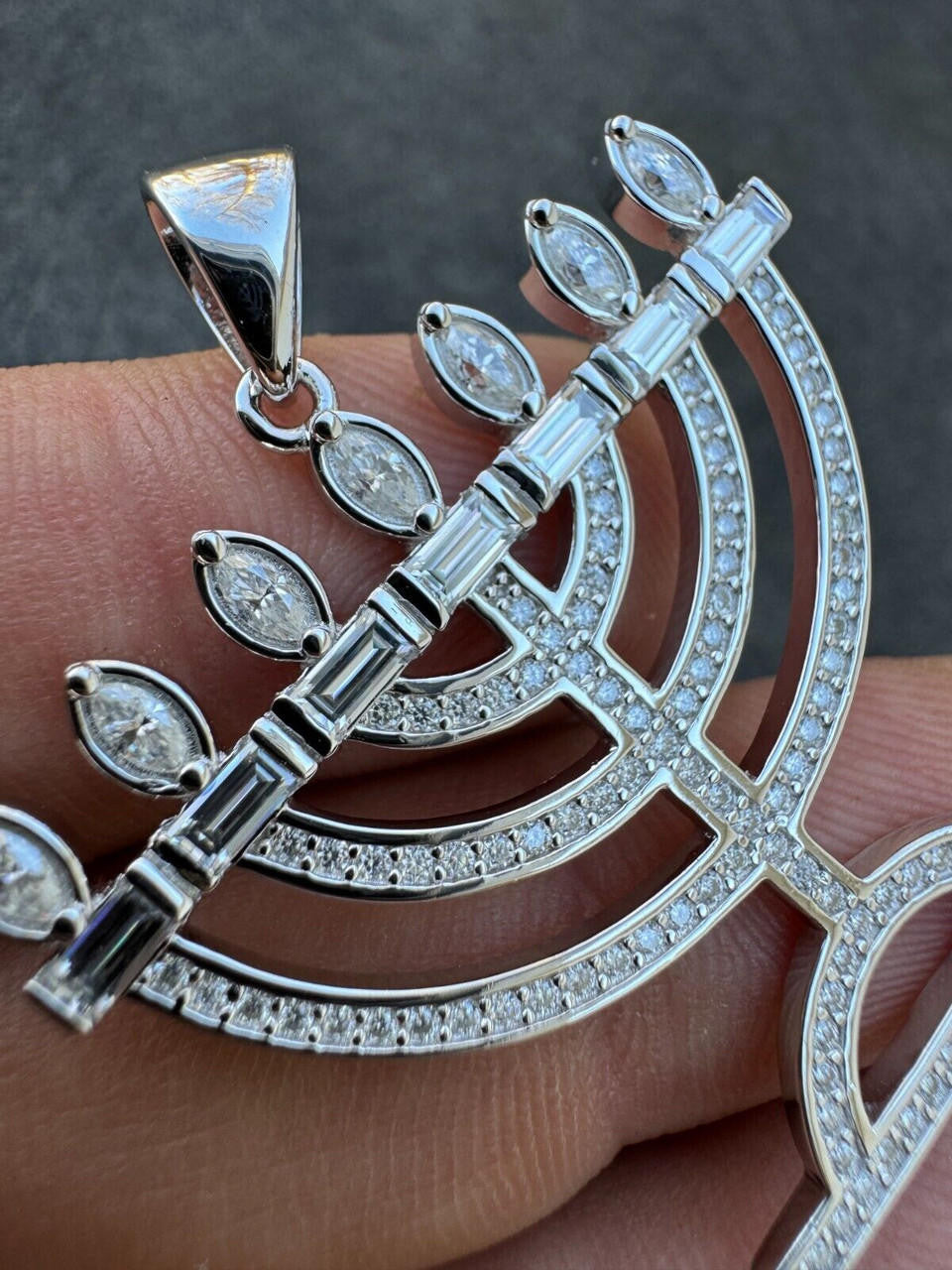 Real Moissanite Pendant Iced Jewish Menorah Hebrew Israelite Necklace 925 Silver