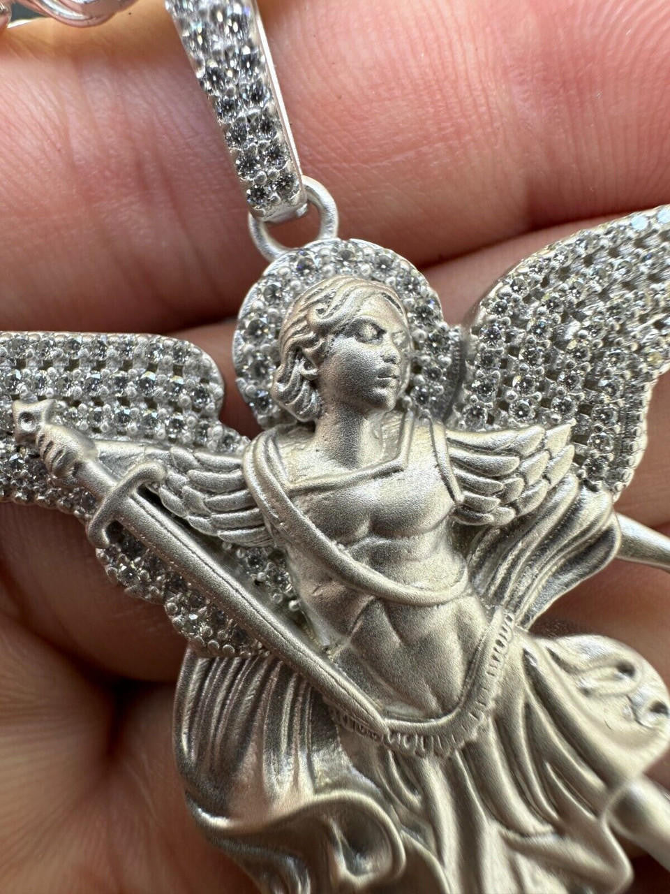 Real MOISSANITE Saint St Michael Slaying Dragon Pendant 925 Silver Necklace Iced