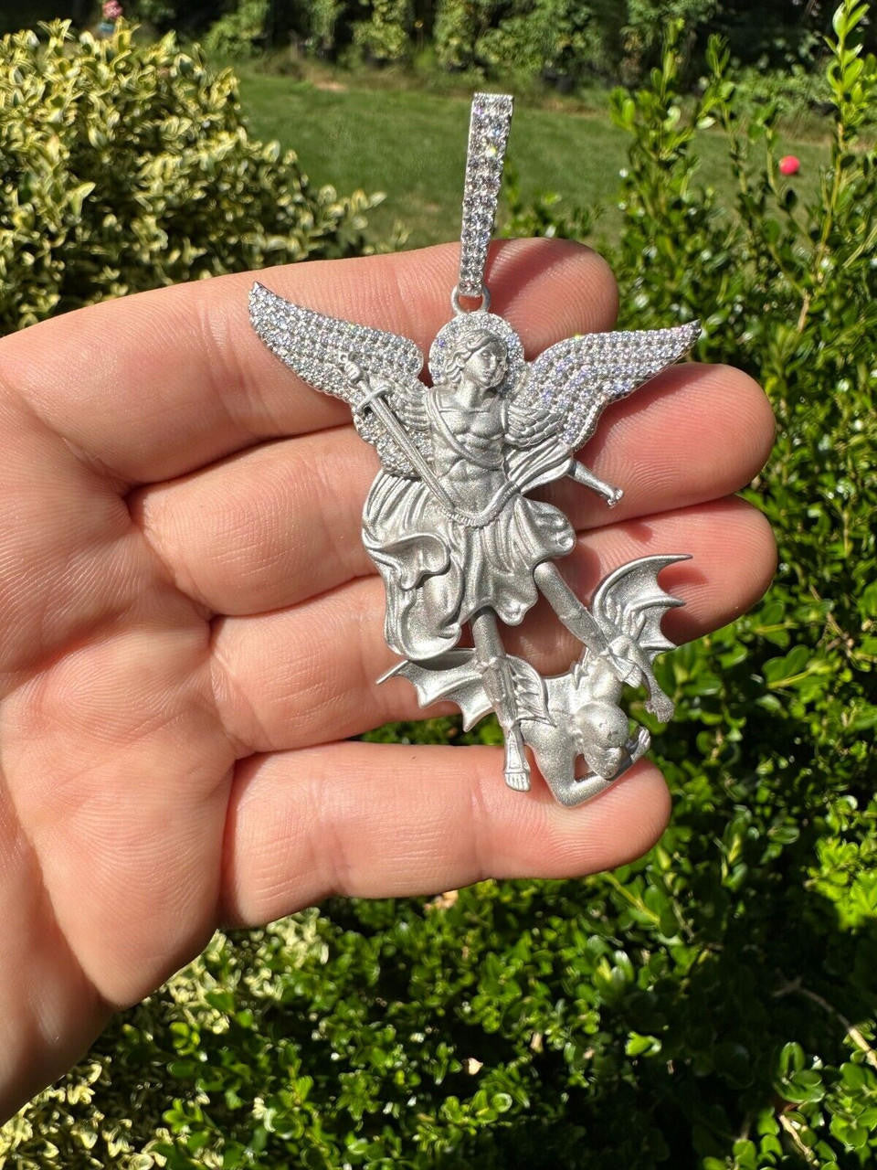 Real MOISSANITE Saint St Michael Slaying Dragon Pendant 925 Silver Necklace Iced