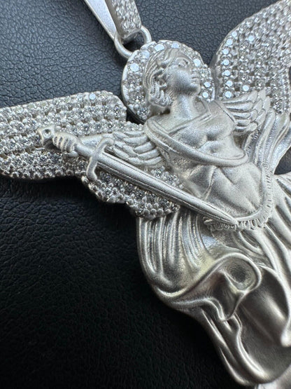 Real MOISSANITE Saint St Michael Slaying Dragon Pendant 925 Silver Necklace Iced