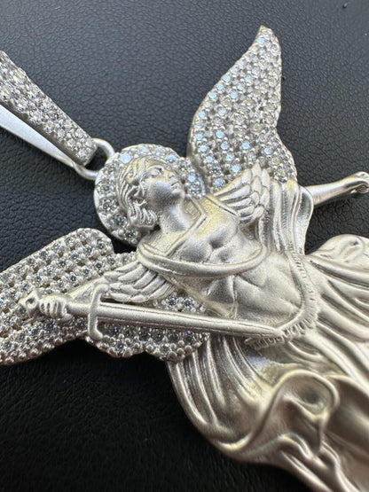 Real MOISSANITE Saint St Michael Slaying Dragon Pendant 925 Silver Necklace Iced