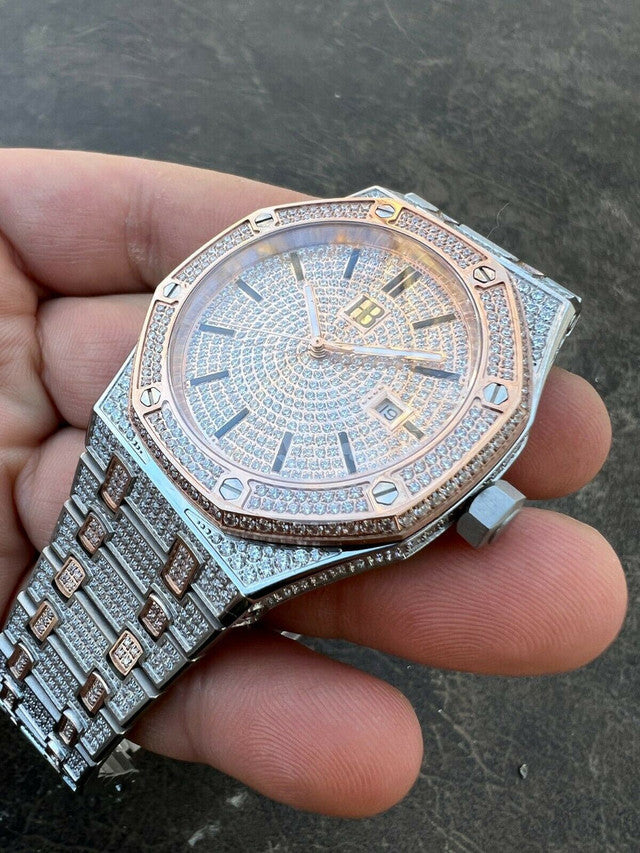 Real Rose Gold Mens Watch Iced Bust Down Skeleton Back Automatic 44mm Hip Hop