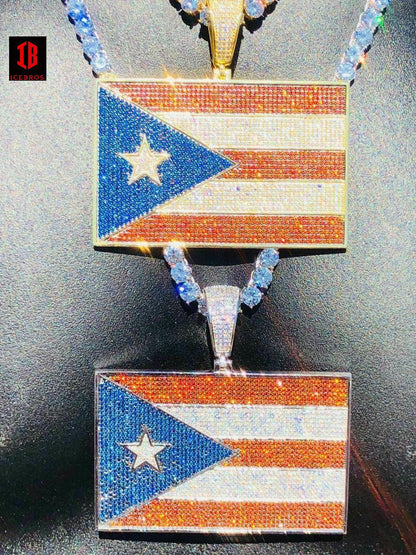 HUGE 2X3" 925 Silver Puerto Rico Flag Pendant BORICUA Rican Chain 20ct Colorful