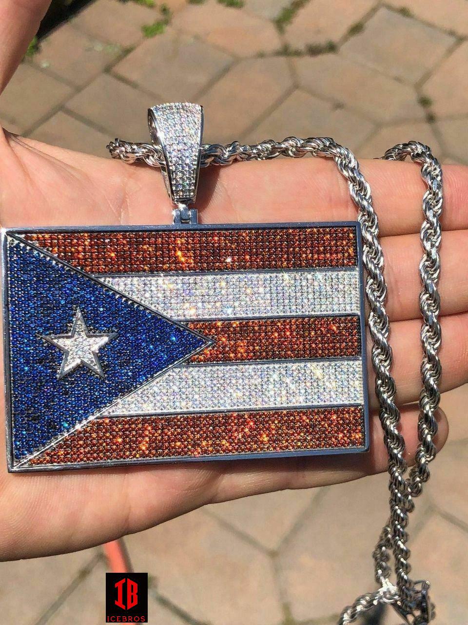 HUGE 2X3inch 925 Silver Puerto Rico Flag Pendant BORICUA Rican Chain 20ct Colorful