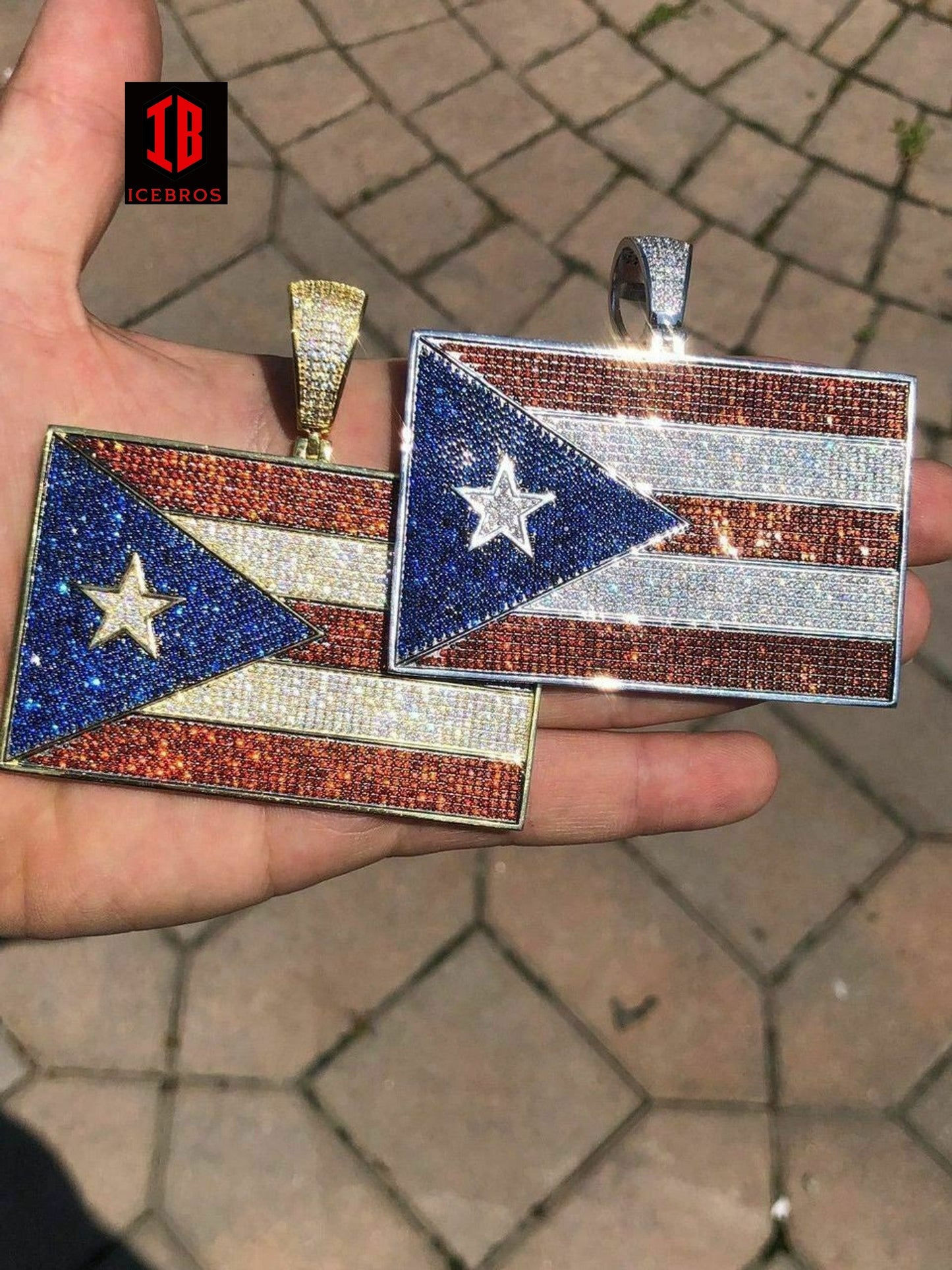 HUGE 2X3inch 925 Silver Puerto Rico Flag Pendant BORICUA Rican Chain 20ct Colorful