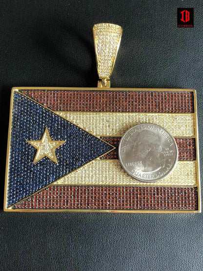 HUGE 2X3" 925 Silver Puerto Rico Flag Pendant BORICUA Rican Chain 20ct Colorful