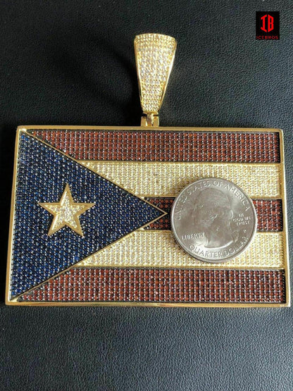 HUGE 2X3inch 925 Silver Puerto Rico Flag Pendant BORICUA Rican Chain 20ct Colorful