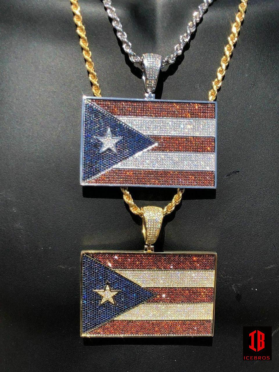 HUGE 2X3" 925 Silver Puerto Rico Flag Pendant BORICUA Rican Chain 20ct Colorful