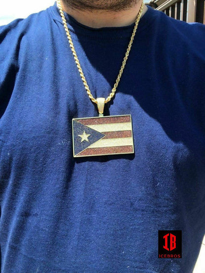 HUGE 2X3inch 925 Silver Puerto Rico Flag Pendant BORICUA Rican Chain 20ct Colorful