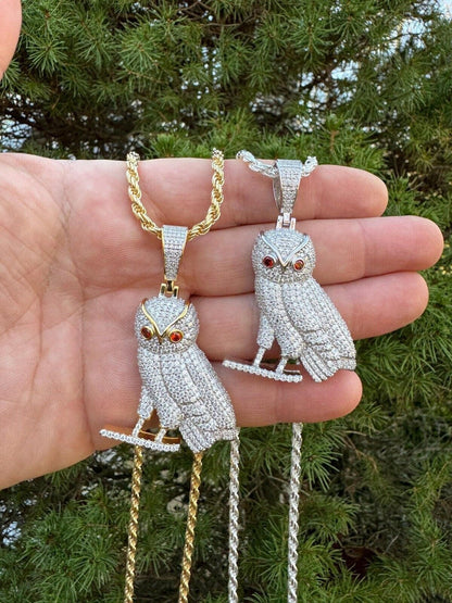 Iced MOISSANITE 925 Silver Gold Plated Hip Hop Owl Pendant Rapper Necklace
