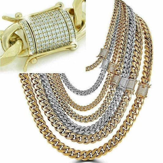 (14MM) 14K-18K Gold Plated Stainless Steel Cuban Link Chain CZ Diamond Lock 8-14MM