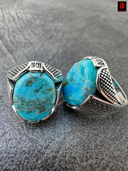 Two rings with turquoise stones, Both Silver beautifully adorned with intricate designs.