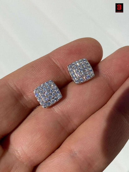 0.62ct VVS1 CVD Real Diamond Men's Solid 925 Silver Iced Hip Hop Square Earrings 8mm