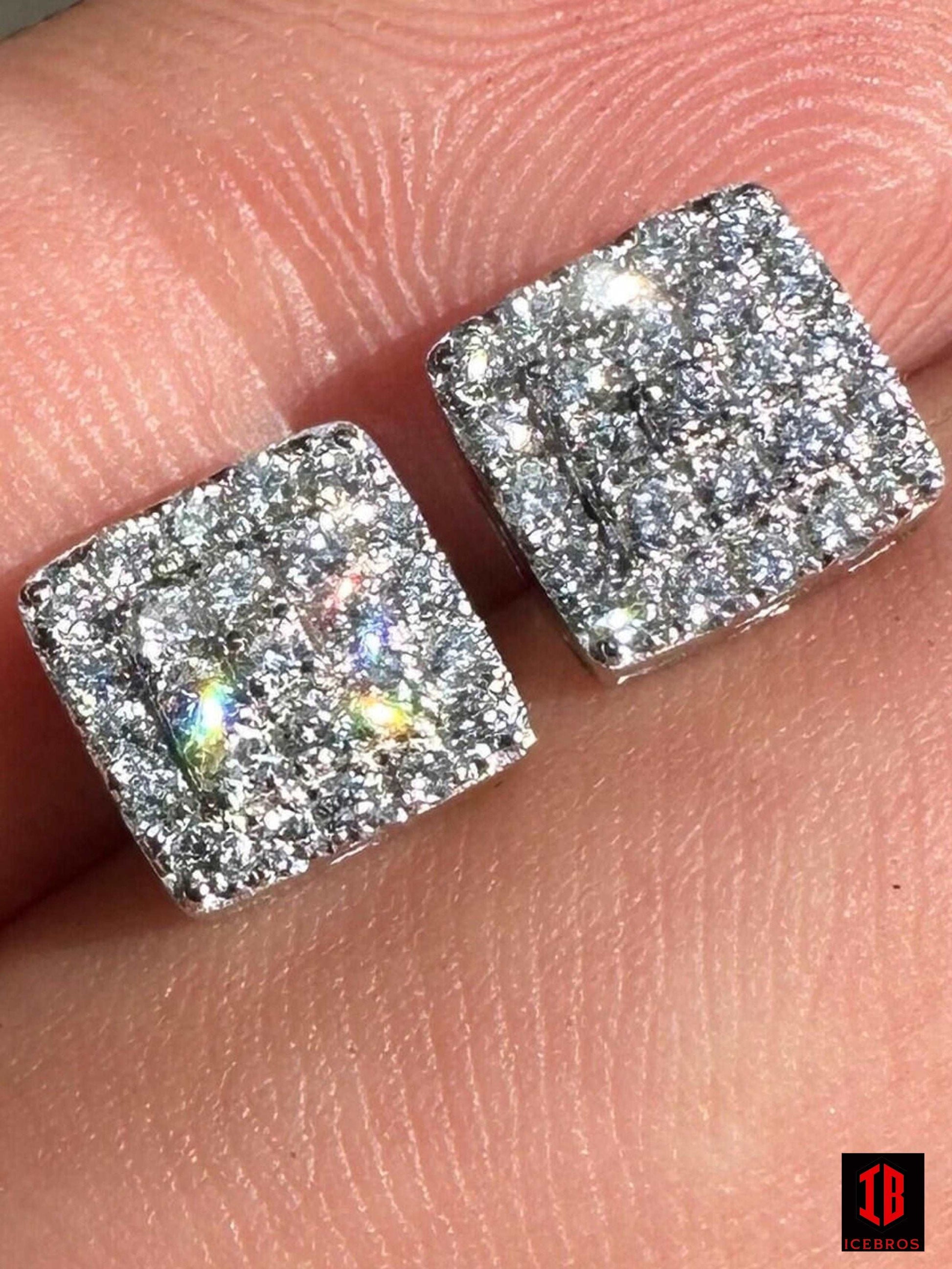 0.62ct VVS Real CVD Diamond Men's Solid 14k WHITE GOLD Iced Hip Hop Square Earrings