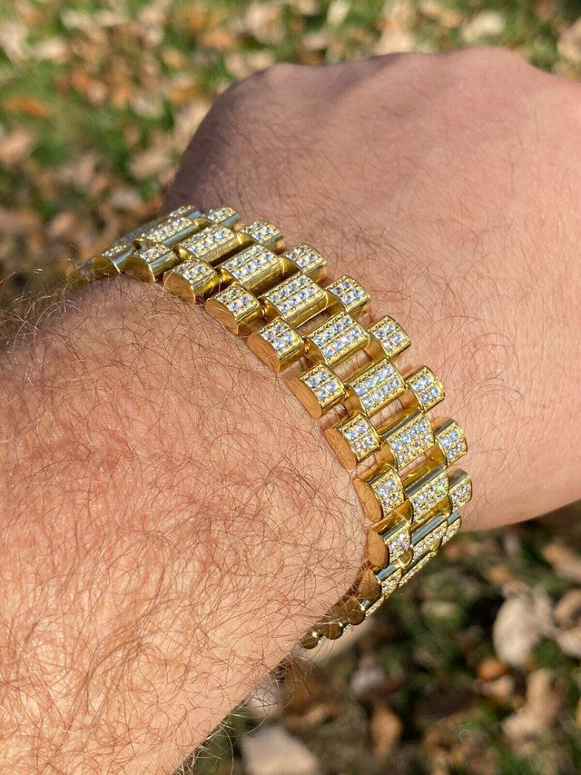 10ct MOISSANITE Big 20mm Mens Real Iced Presidential Bracelet - 14k Gold Vermeil