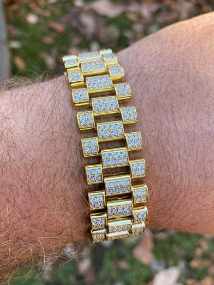 10ct MOISSANITE Big 20mm Mens Real Iced Presidential Bracelet - 14k Gold Vermeil