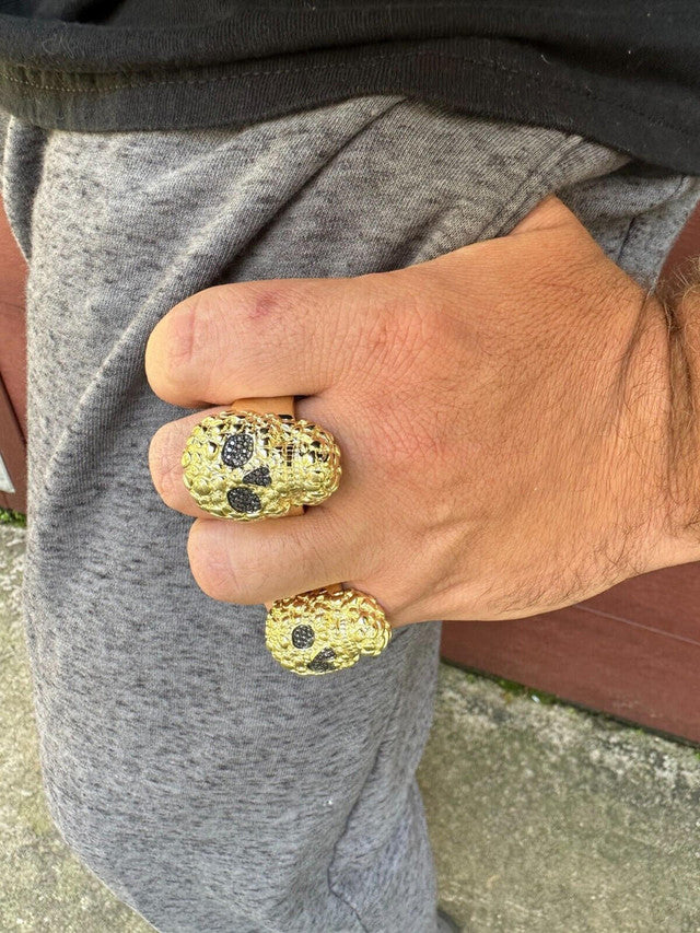 yellow gold HEAVY Nugget Death Skull Ring Mens Real Solid 925 Silver Real Black MOISSANITE