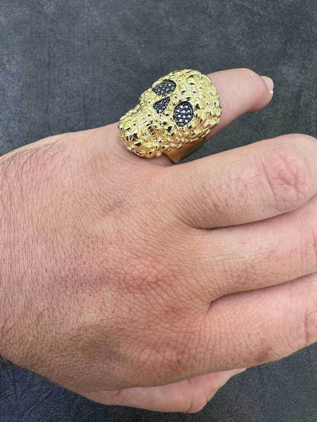 yellow gold HEAVY Nugget Death Skull Ring Mens Real Solid 925 Silver Real Black MOISSANITE