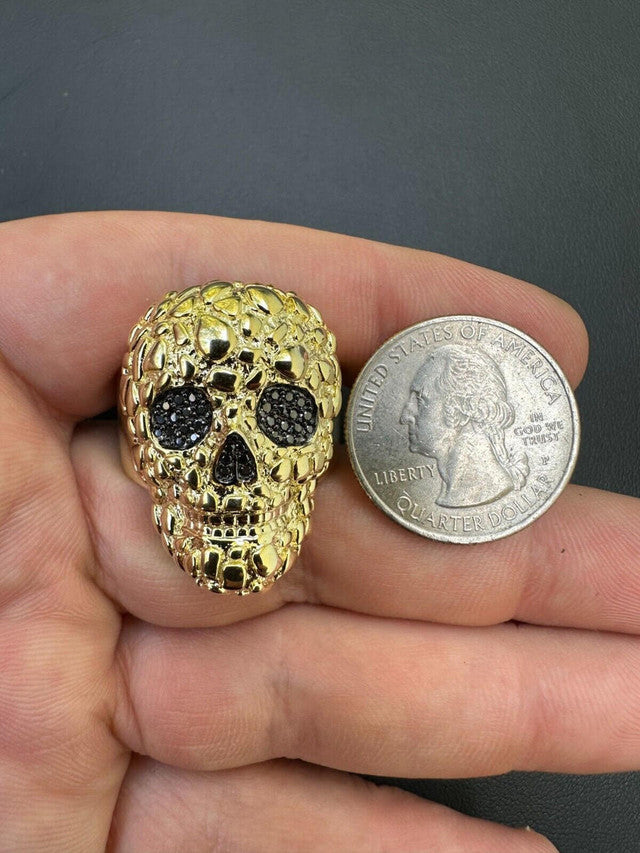 yellow gold HEAVY Nugget Death Skull Ring Mens Real Solid 925 Silver Real Black MOISSANITE