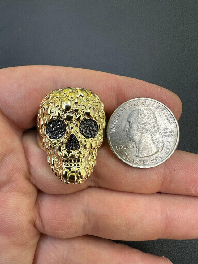 Gold Nugget Death Skull Ring Mens 14k Plated 925 Silver Real Black MOISSANITE