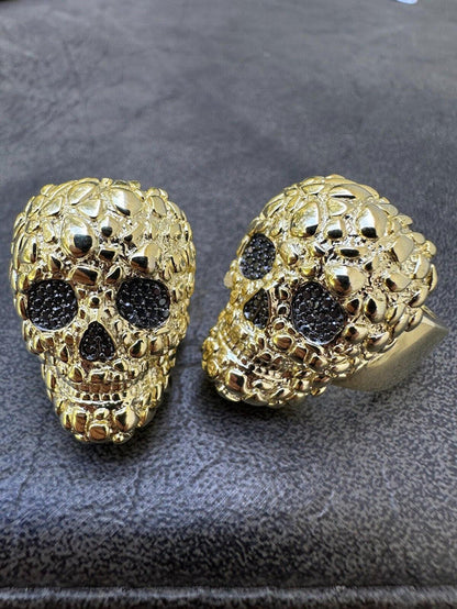 yellow gold HEAVY Nugget Death Skull Ring Mens Real Solid 925 Silver Real Black MOISSANITE