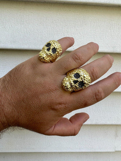 yellow gold HEAVY Nugget Death Skull Ring Mens Real Solid 925 Silver Real Black MOISSANITE