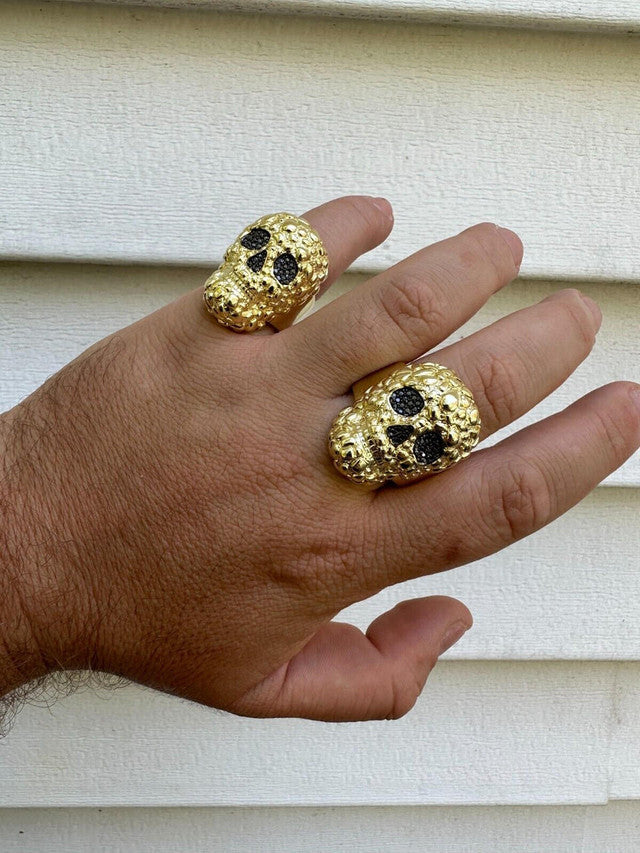Gold Nugget Death Skull Ring Mens 14k Plated 925 Silver Real Black MOISSANITE