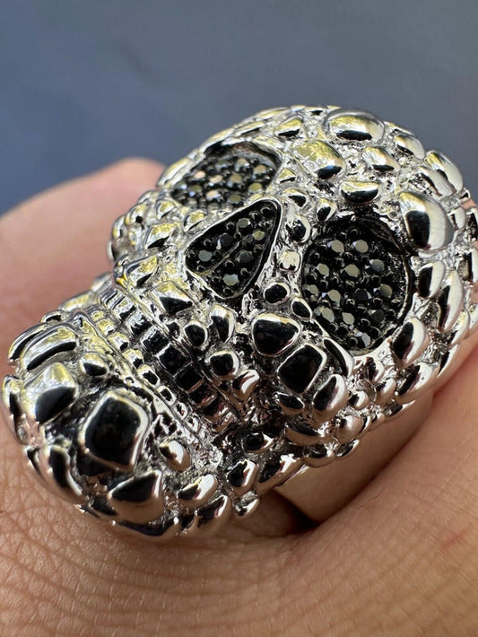 HEAVY Nugget Death Skull Ring Mens Real Solid 925 Silver Real Black MOISSANITE