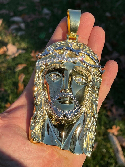 HUGE 6" Iced MOISSANITE 14k Gold & 925 Silver Mens Jesus Piece Pendant Necklace