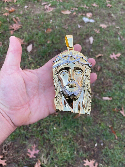 HUGE 6" Iced MOISSANITE 14k Gold & 925 Silver Mens Jesus Piece Pendant Necklace