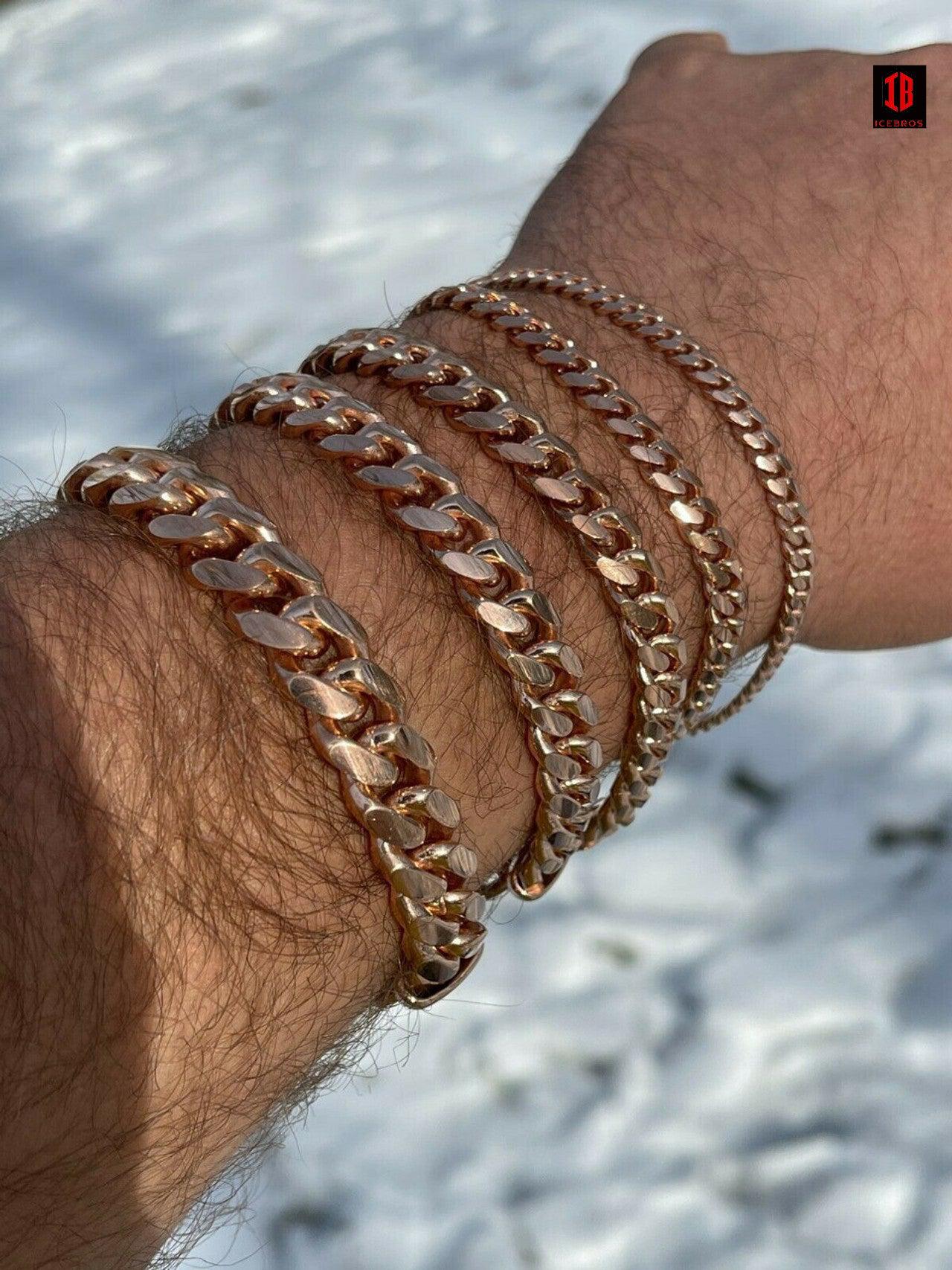 ROSE GOLD (LOBSTER CLASP) Mens Real Solid 925 Sterling Silver Miami Cuban Bracelet 5-12mm 7-9" Heavy Link