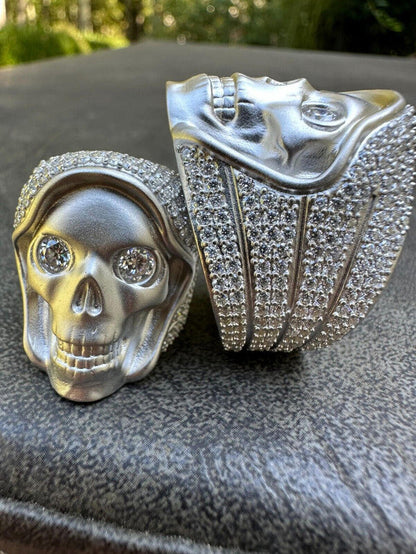 MOISSANITE Iced HEAVY Death Skull Ring Matte Real White Gold Over 925 Silver