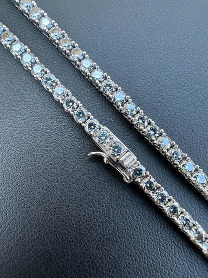Iced Blue MOISSANITE Stone Tennis Chain 925 Silver Iced Necklace Pass Diamond Test (3mm-5mm)
