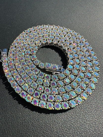Purple Opal Rainbow MOISSANITE 3mm Tennis Chain 925 Silver Iced Necklace Passes Testa