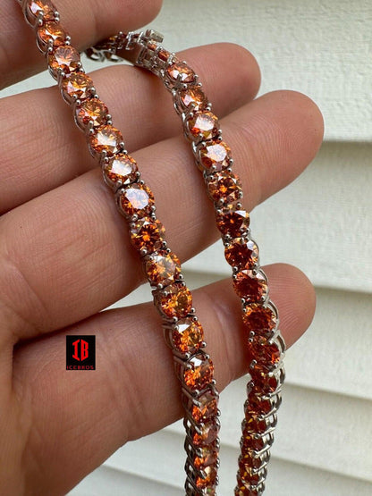 Real Orange MOISSANITE 5mm Tennis Chain 925 Silver Iced Necklace Pass Tester