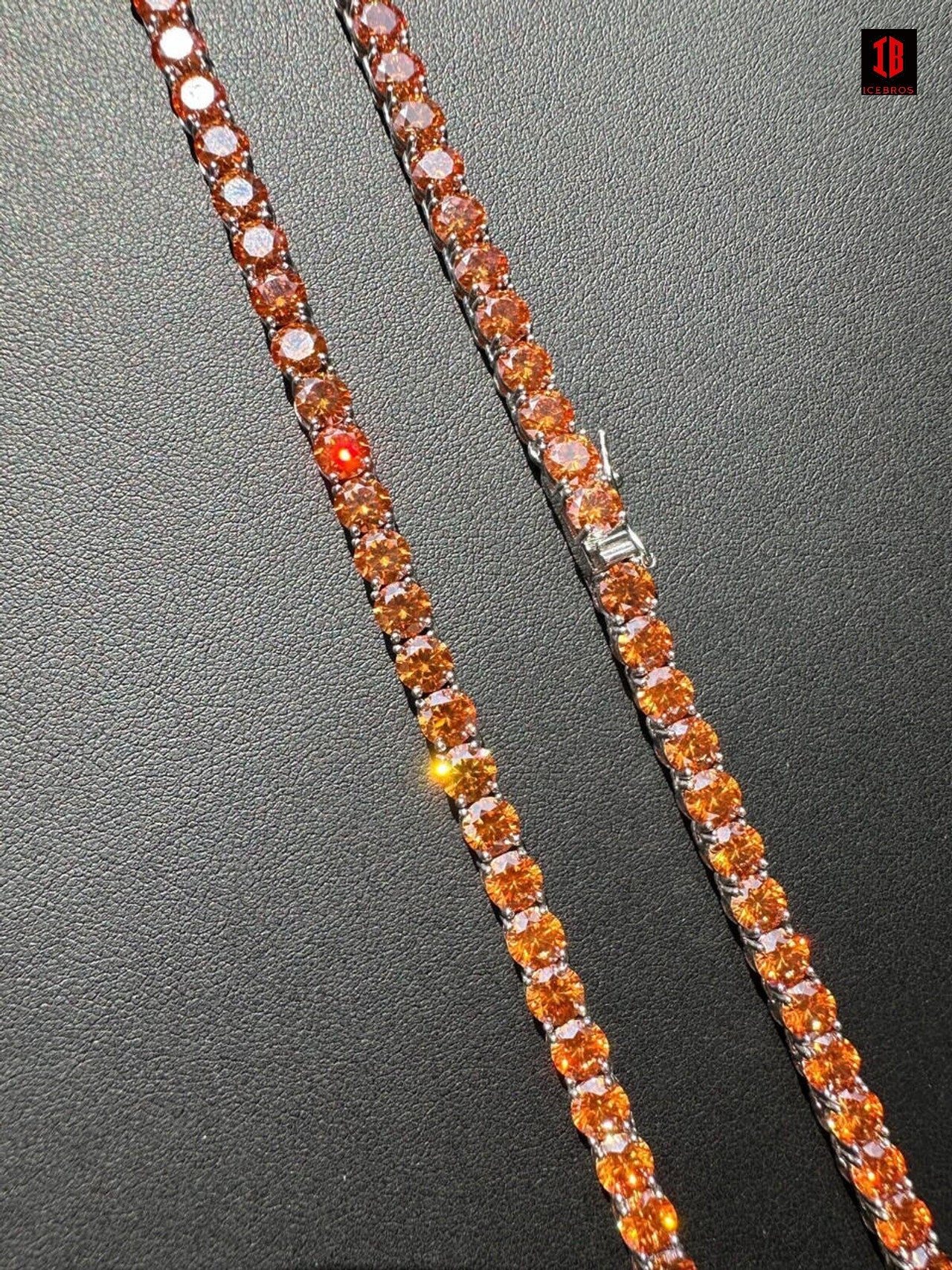 Real Orange MOISSANITE 5mm Tennis Chain 925 Silver Iced Necklace Pass Tester