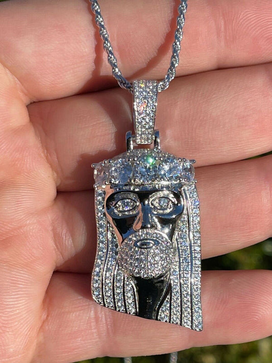 Real Solid 925 Silver 4.5ct Diamond Jesus Piece Pendant 1"x2" Hip Hop Fully Iced
