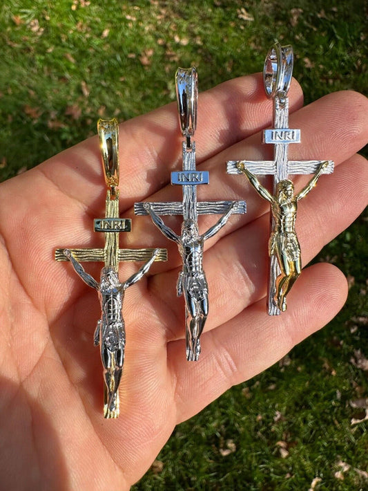 Real Solid 925 Silver / Gold Mens Cross Jesus Piece Crucifix Pendant Necklace