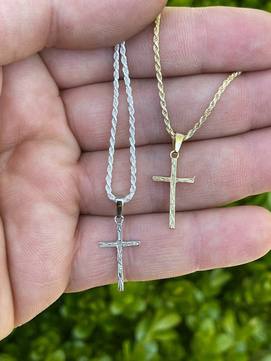 Small 0.75" Plain Cross Pendant Solid 925 Sterling Silver / 14k Gold Necklace