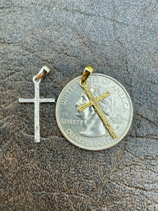 Small 0.75" Plain Cross Pendant Solid 925 Sterling Silver / 14k Gold Necklace