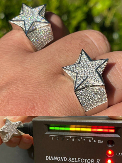 925 Sterling Silver Iced Out 3D STAR RING MOISSANITE Passes Diamond Tester
