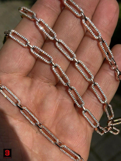 Ladies Solid 925 Sterling Silver Paperclip Chain Iced CZ 14" 16" 18" 20" 22" 24" (ROSEBGOLD)