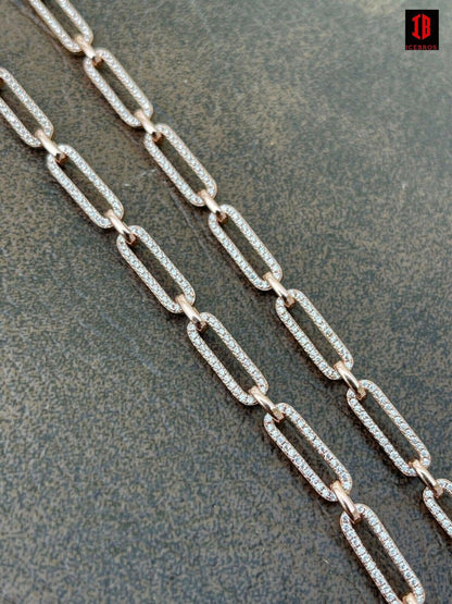 Ladies Solid 925 Sterling Silver Paperclip Chain Iced CZ 14" 16" 18" 20" 22" 24" (ROSEBGOLD)