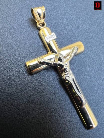 Large 1.85" Solid 14k Yellow & White Gold Cross Jesus Crucifix Pendant Necklace