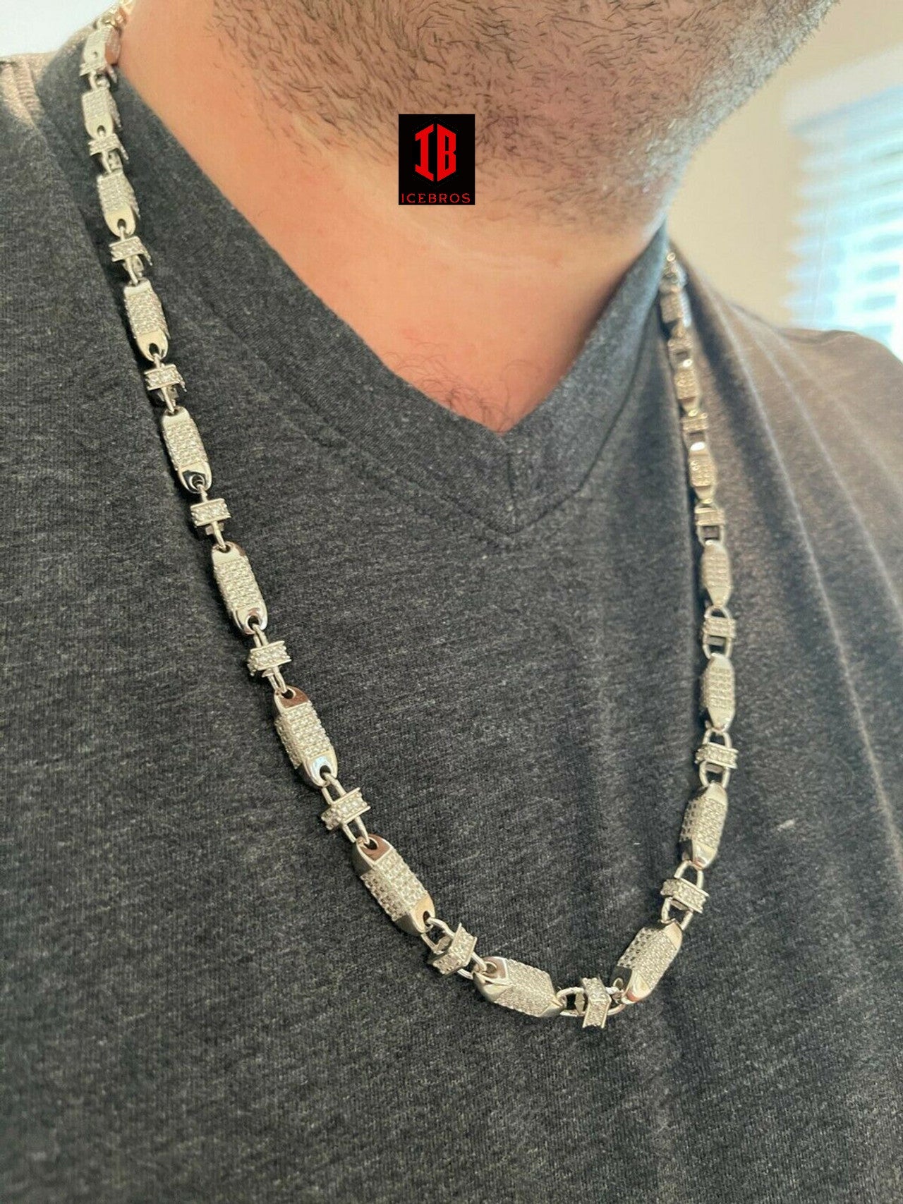 Men Bullet Chain 14k Gold Over Real 925 Silver Iced Flooded Out Hip Hop Necklace (WHITE GOLD)