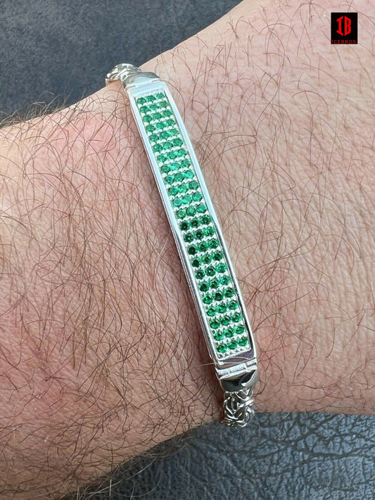 Men Byzantine Presidential ID Bracelet Real 925 Silver Iced Green Eemerald Stone