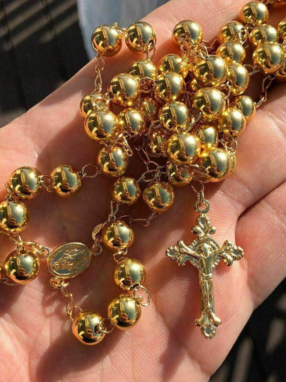 Men's Large Rosary Beads Necklace 30" 14k Gold Vermeil Solid 925 Silver Rosario ITALY