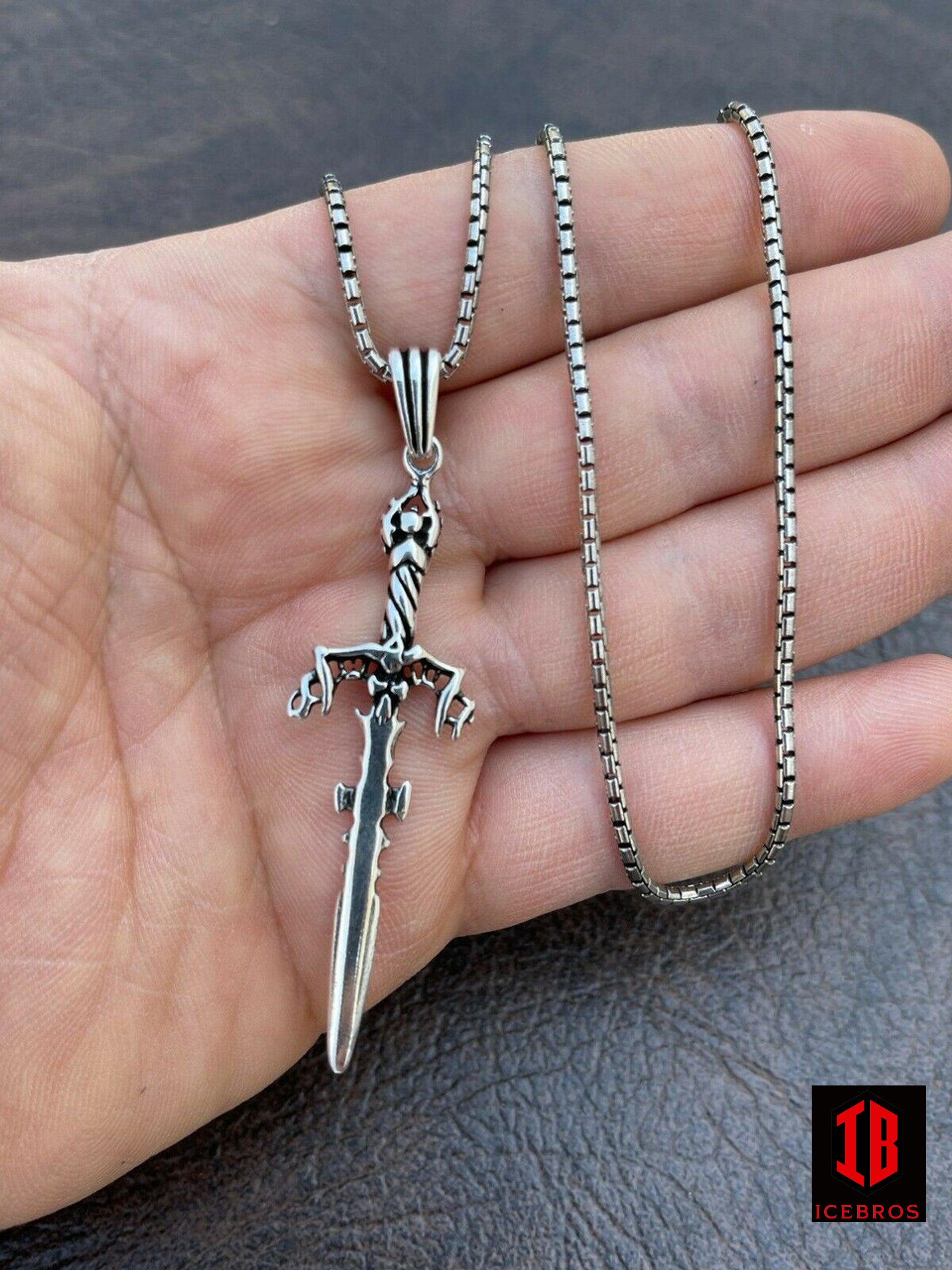 2024 Mens Necklace Dagger Knife Pendant in Sterling Silver 925