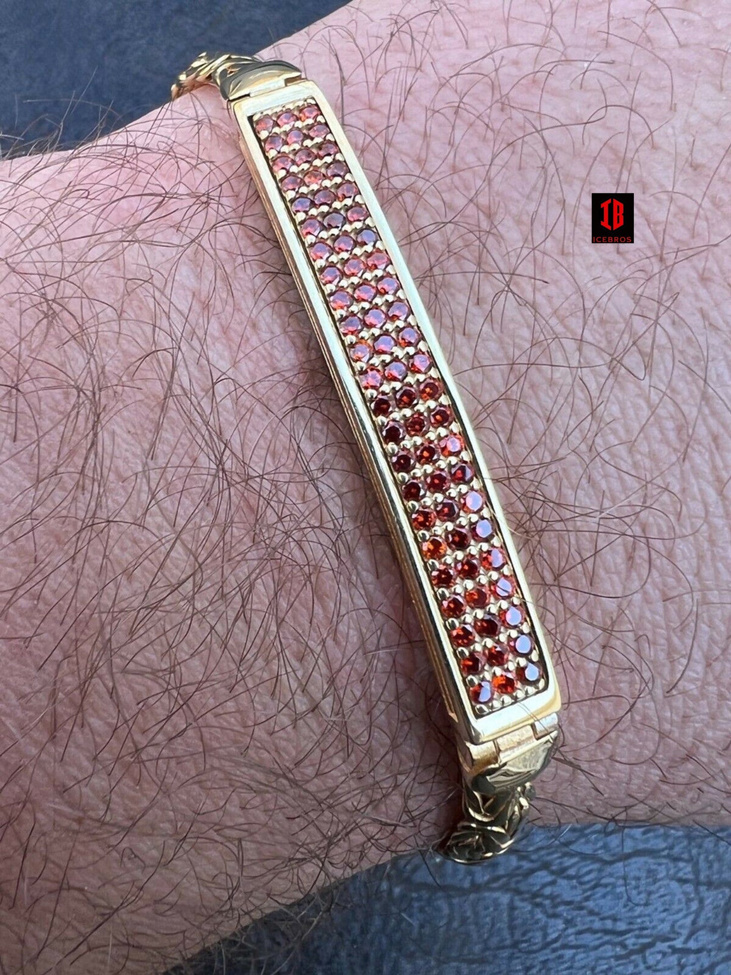 Men Real Presidential ID Bracelet 14k Gold Vermeil Silver Iced Red Ruby Hip Hop